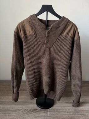LL Bean Sweater Mens M Brown Merino Wool Henley Elbow Patch Outdoor Pullover
